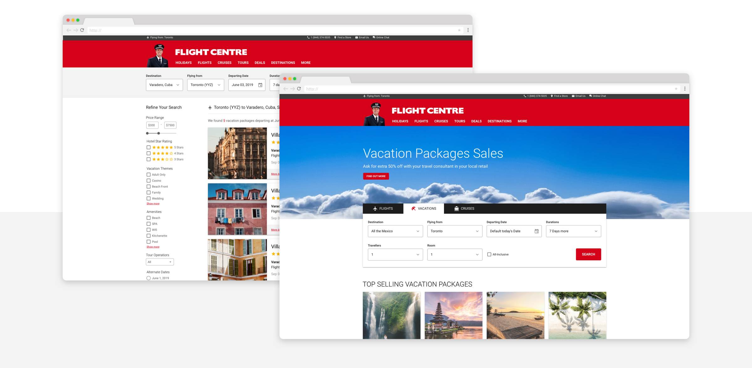 The travel search form built using the Flight Centre Digital Styleguide's Sketch Component library.